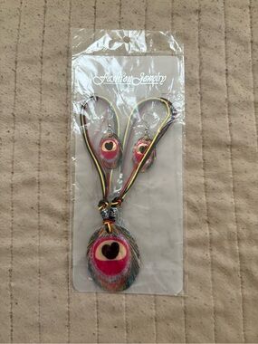 Fashion Jewelry Pink Peacock Feather Pendant Necklace & Earring Set